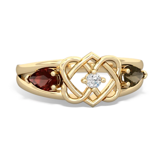 garnet-smoky quartz double heart ring