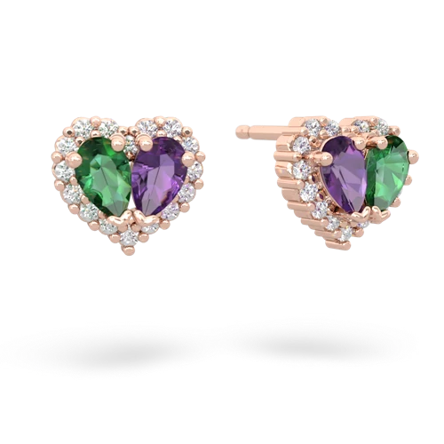 lab emerald-amethyst halo-heart earrings
