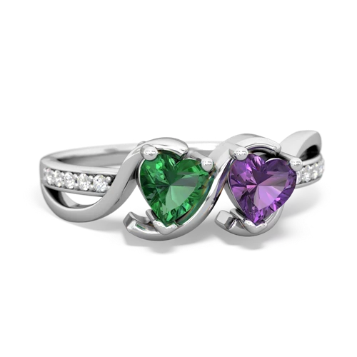 lab emerald-amethyst double heart ring