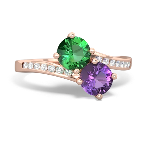 lab emerald-amethyst two stone channel ring