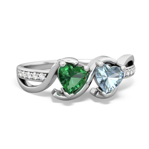 lab emerald-aquamarine double heart ring