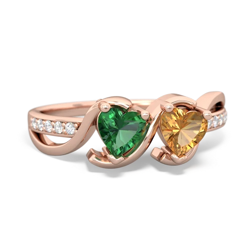 lab emerald-citrine double heart ring