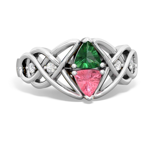 lab emerald-pink sapphire celtic knot ring