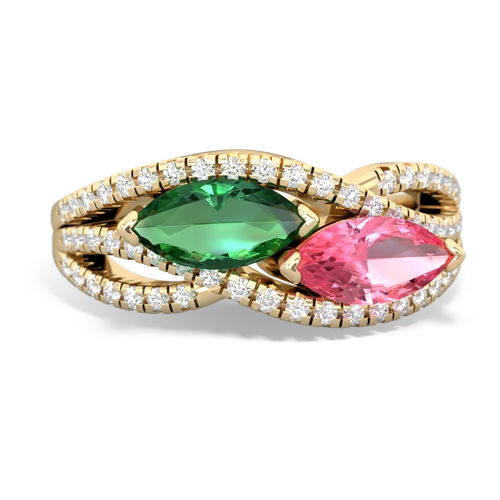 lab emerald-pink sapphire double heart ring