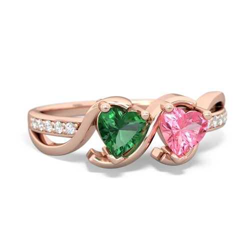 lab emerald-pink sapphire double heart ring