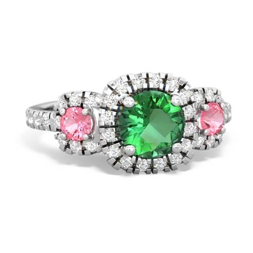 lab emerald-pink sapphire three stone regal ring