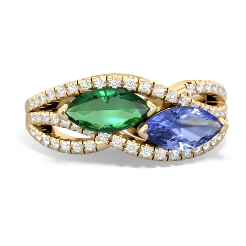 lab emerald-tanzanite double heart ring