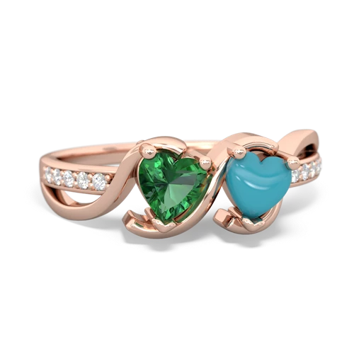 lab emerald-turquoise double heart ring