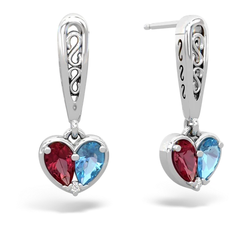 lab ruby-blue topaz filligree earrings