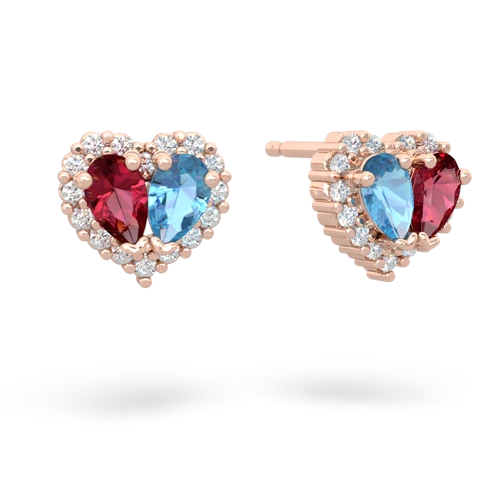 lab ruby-blue topaz halo-heart earrings