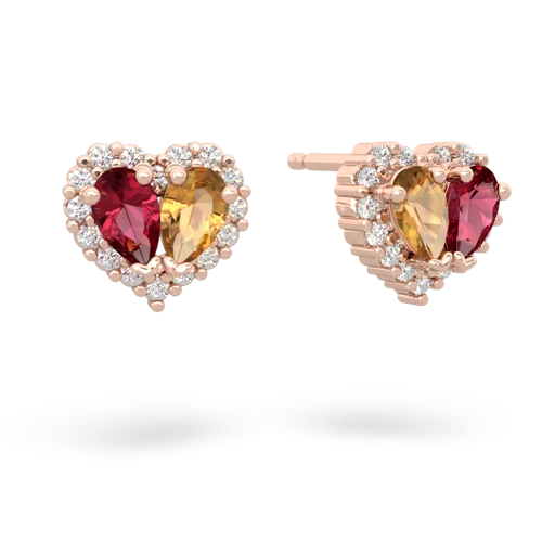 lab ruby-citrine halo-heart earrings