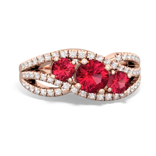 ruby-pink sapphire three stone pave ring