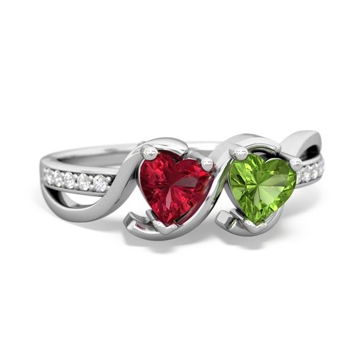 lab ruby-peridot double heart ring