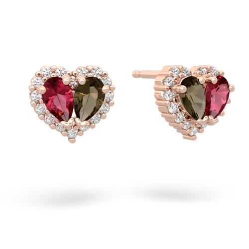 lab ruby-smoky quartz halo-heart earrings