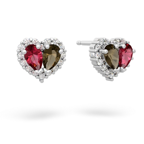 lab ruby-smoky quartz halo-heart earrings
