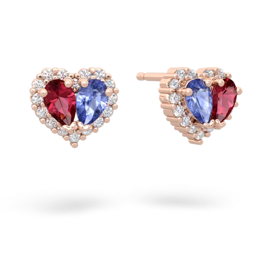 lab ruby-tanzanite halo-heart earrings