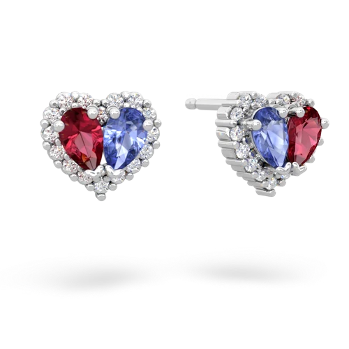 lab ruby-tanzanite halo-heart earrings