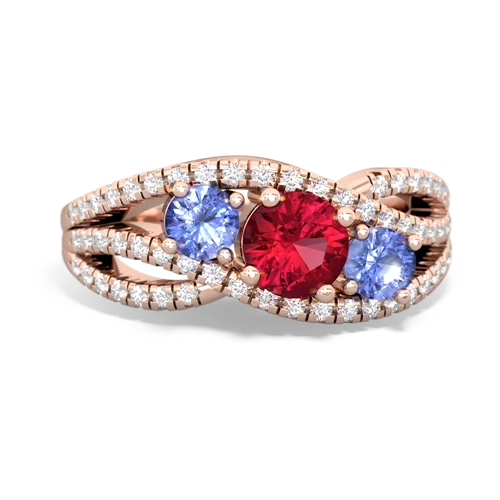 lab ruby-tanzanite three stone pave ring