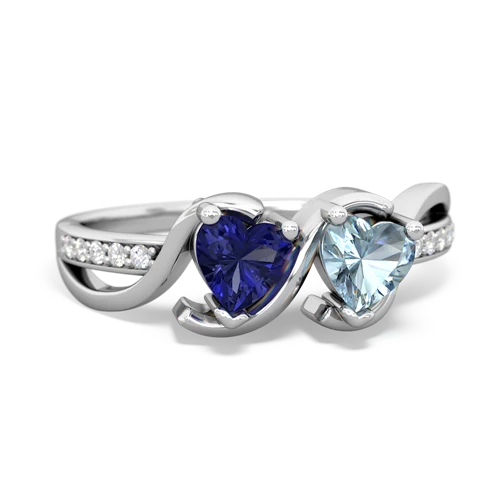 lab sapphire-aquamarine double heart ring