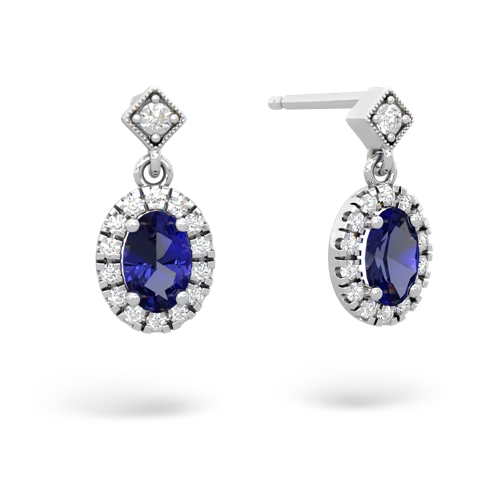 lab sapphire halo drop earrings