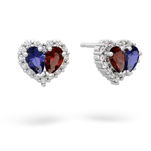 lab sapphire-garnet halo-heart earrings