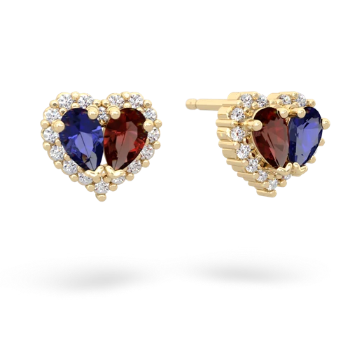 lab sapphire-garnet halo-heart earrings