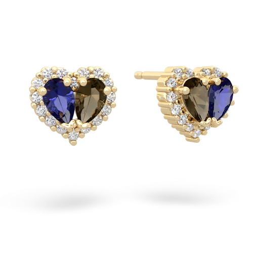 lab sapphire-smoky quartz halo-heart earrings