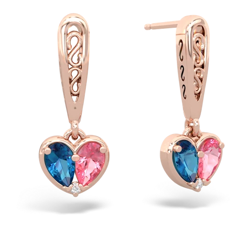 london topaz-pink sapphire filligree earrings