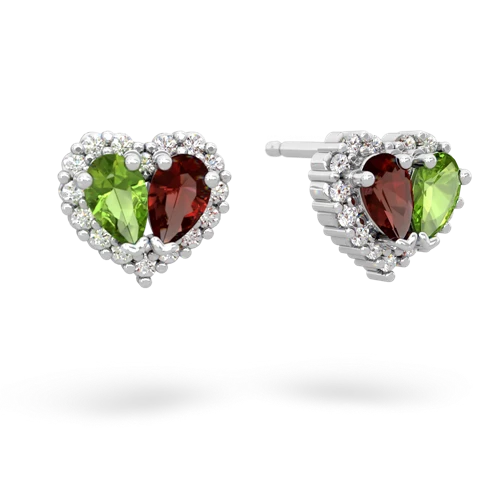 peridot-garnet halo-heart earrings