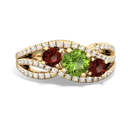 peridot-garnet three stone pave ring