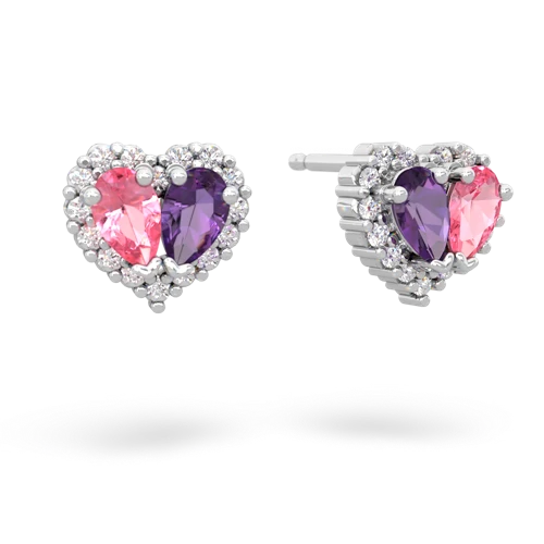 pink sapphire-amethyst halo-heart earrings