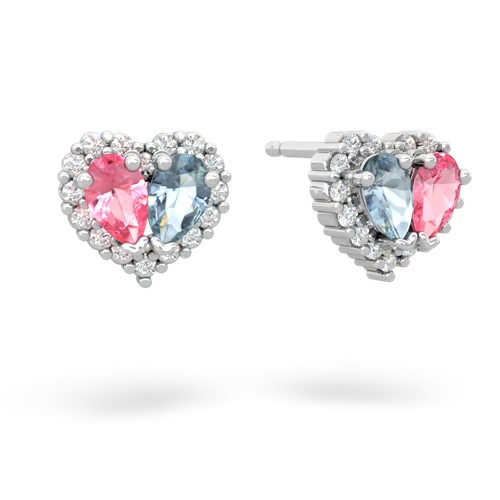 pink sapphire-aquamarine halo-heart earrings