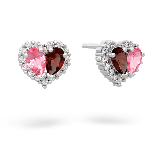 pink sapphire-garnet halo-heart earrings