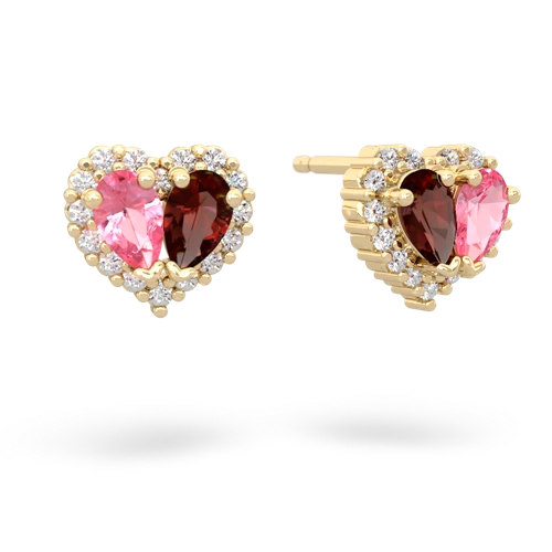 pink sapphire-garnet halo-heart earrings