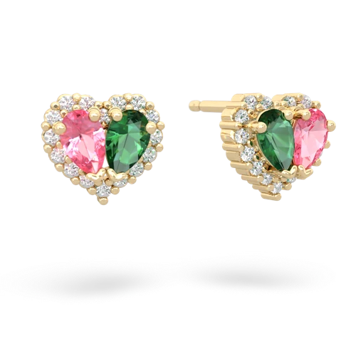 pink sapphire-lab emerald halo-heart earrings