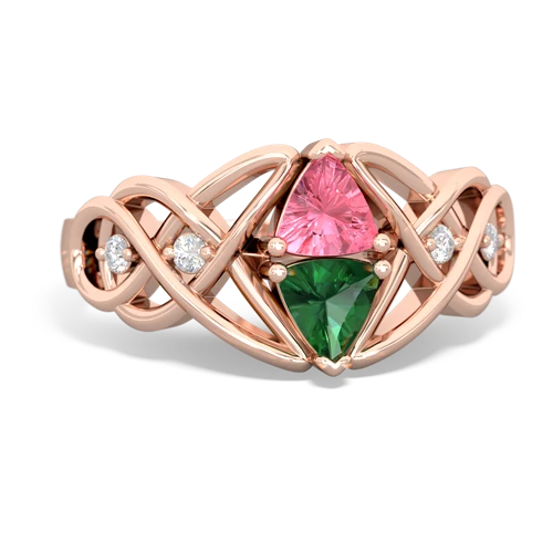 pink sapphire-lab emerald celtic knot ring