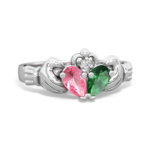 pink sapphire-lab emerald claddagh ring