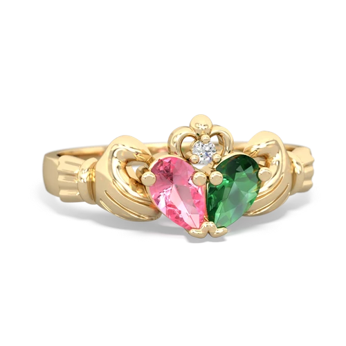 pink sapphire-lab emerald claddagh ring