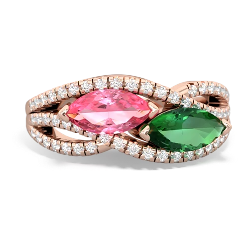 pink sapphire-lab emerald double heart ring