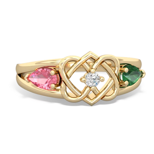 pink sapphire-lab emerald double heart ring