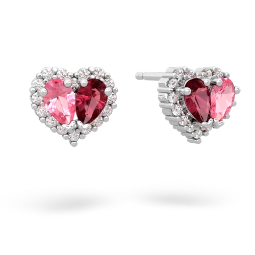 pink sapphire-lab ruby halo-heart earrings
