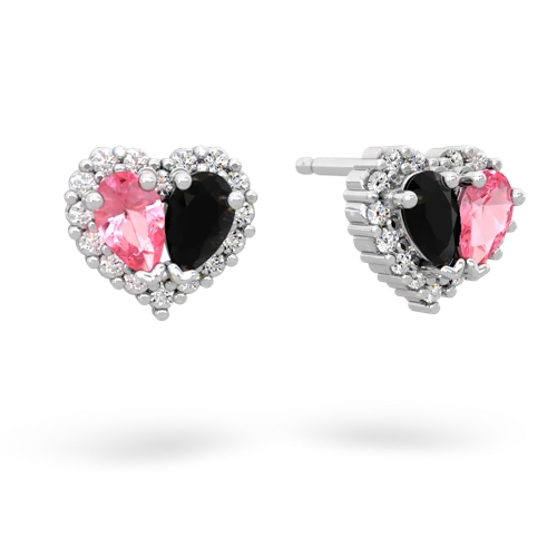 pink sapphire-onyx halo-heart earrings