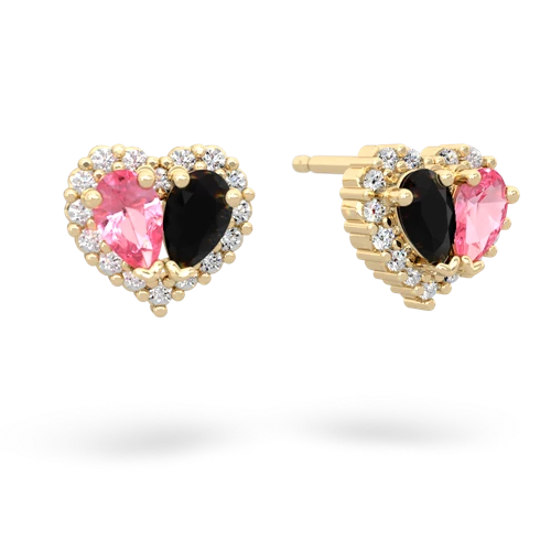 pink sapphire-onyx halo-heart earrings