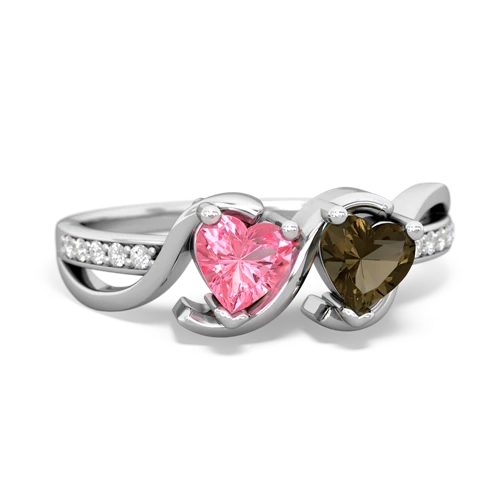 pink sapphire-smoky quartz double heart ring