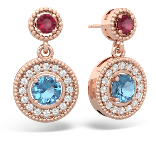 ruby-blue topaz halo earrings