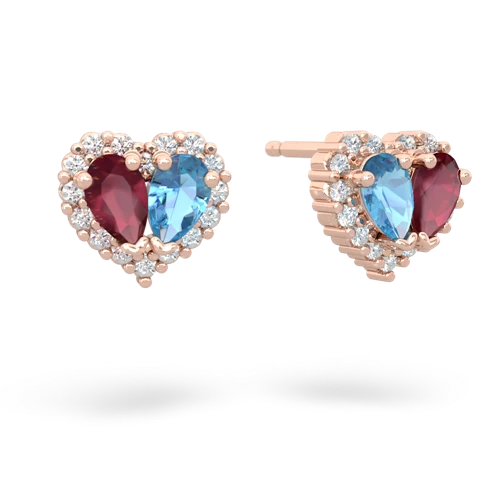 ruby-blue topaz halo-heart earrings
