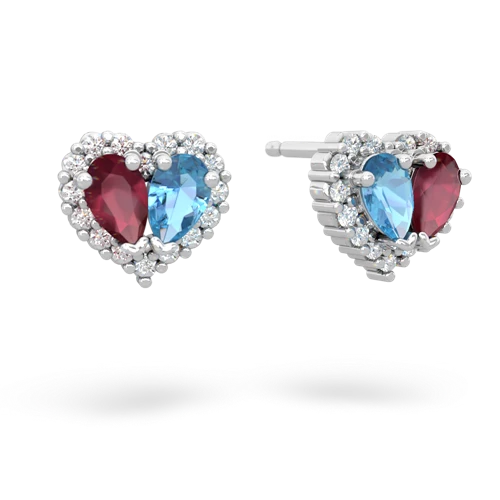 ruby-blue topaz halo-heart earrings