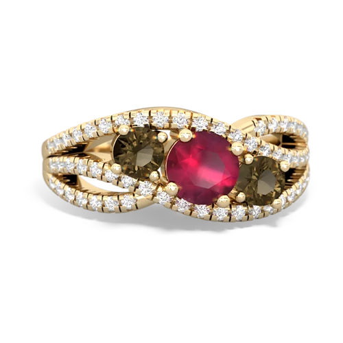 ruby-smoky quartz three stone pave ring