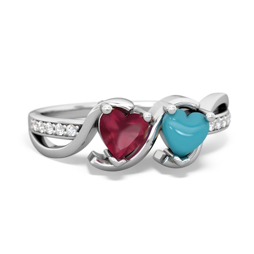 ruby-turquoise double heart ring