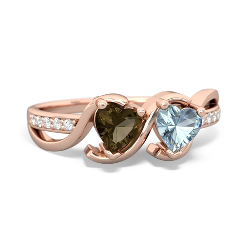 smoky quartz-aquamarine double heart ring